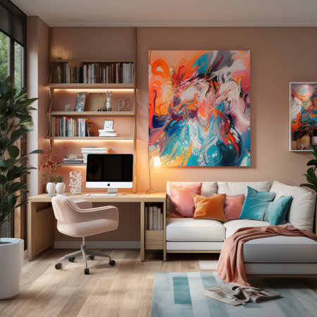 Interior design modern home office, Comfortable workplace, desk with computer monitor, stylish study room, beautiful home studio, AI Generativeの素材