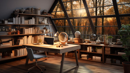 Interior design modern home office, Comfortable workplace, desk with computer monitor, stylish study room, beautiful home studio, AI Generativeの素材