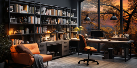 Interior design modern home office, Comfortable workplace, desk with computer monitor, stylish study room, beautiful home studio, AI Generativeの素材