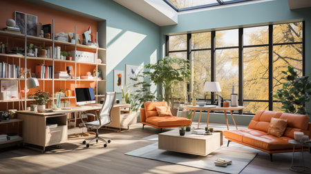 Interior design modern home office, Comfortable workplace, desk with computer monitor, stylish study room, beautiful home studio, AI Generativeの素材
