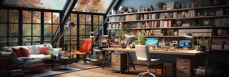 Interior design modern home office, Comfortable workplace, desk with computer monitor, stylish study room, beautiful home studio, AI Generativeの素材
