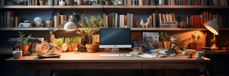 Interior design modern home office, Comfortable workplace, desk with computer monitor, stylish study room, beautiful home studio, AI Generativeの素材