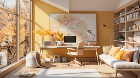 Interior design modern home office, Comfortable workplace, desk with computer monitor, stylish study room, beautiful home studio, AI Generativeの素材