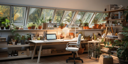 Interior design modern home office, Comfortable workplace, desk with computer monitor, stylish study room, beautiful home studio, AI Generativeの素材