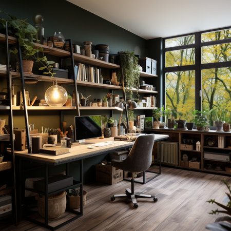 Interior design modern home office, Comfortable workplace, desk with computer monitor, stylish study room, beautiful home studio, AI Generativeの素材