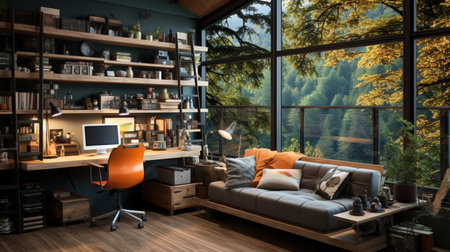 Interior design modern home office, Comfortable workplace, desk with computer monitor, stylish study room, beautiful home studio, AI Generativeの素材