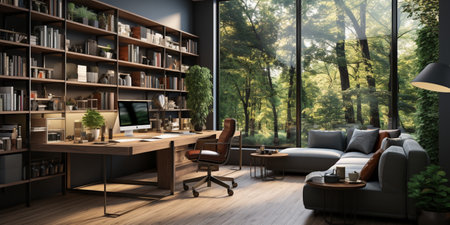 Interior design modern home office, Comfortable workplace, desk with computer monitor, stylish study room, beautiful home studio, AI Generativeの素材