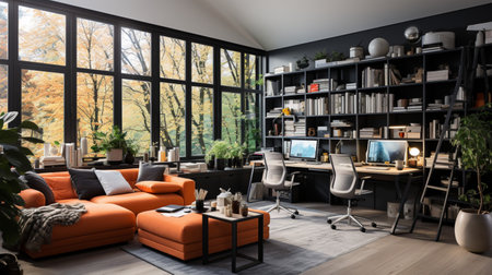 Interior design modern home office, Comfortable workplace, desk with computer monitor, stylish study room, beautiful home studio, AI Generativeの素材