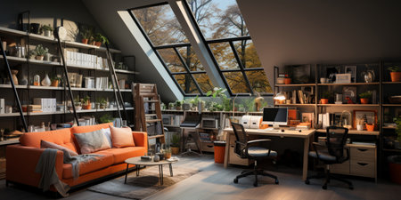 Interior design modern home office, Comfortable workplace, desk with computer monitor, stylish study room, beautiful home studio, AI Generativeの素材