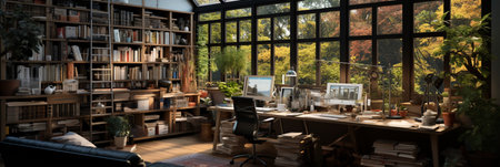 Interior design modern home office, Comfortable workplace, desk with computer monitor, stylish study room, beautiful home studio, AI Generativeの素材