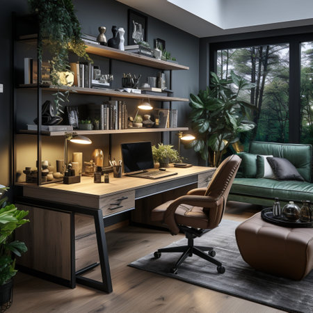 Interior design modern home office, Comfortable workplace, desk with computer monitor, stylish study room, beautiful home studio, AI Generativeの素材