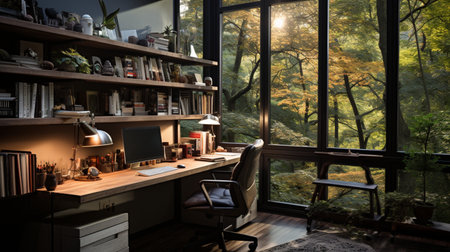 Interior design modern home office, Comfortable workplace, desk with computer monitor, stylish study room, beautiful home studio, AI Generativeの素材