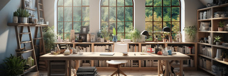 Interior design modern home office, Comfortable workplace, desk with computer monitor, stylish study room, beautiful home studio, AI Generativeの素材