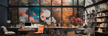 Interior design modern home office, Comfortable workplace, desk with computer monitor, stylish study room, beautiful home studio, AI Generativeの素材
