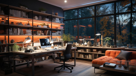 Interior design modern home office, Comfortable workplace, desk with computer monitor, stylish study room, beautiful home studio, AI Generativeの素材