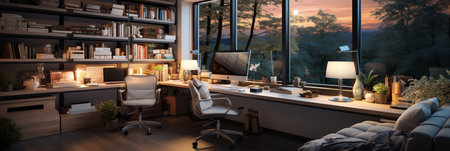 Interior design modern home office, Comfortable workplace, desk with computer monitor, stylish study room, beautiful home studio, AI Generativeの素材