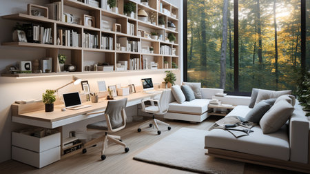 Interior design modern home office, Comfortable workplace, desk with computer monitor, stylish study room, beautiful home studio, AI Generativeの素材
