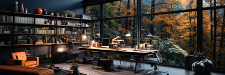 Interior design modern home office, Comfortable workplace, desk with computer monitor, stylish study room, beautiful home studio, AI Generativeの素材