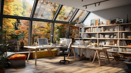 Interior design modern home office, Comfortable workplace, desk with computer monitor, stylish study room, beautiful home studio, AI Generativeの素材
