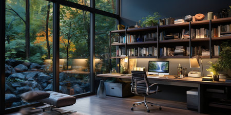 Interior design modern home office, Comfortable workplace, desk with computer monitor, stylish study room, beautiful home studio, AI Generativeの素材