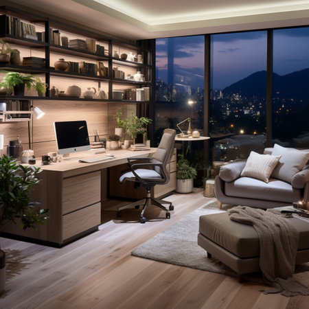 Interior design modern home office, Comfortable workplace, desk with computer monitor, stylish study room, beautiful home studio, AI Generativeの素材