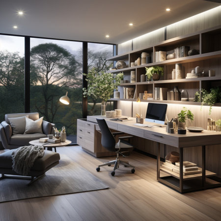 Interior design modern home office, Comfortable workplace, desk with computer monitor, stylish study room, beautiful home studio, AI Generativeの素材