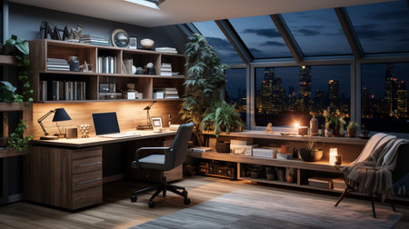 Interior design modern home office, Comfortable workplace, desk with computer monitor, stylish study room, beautiful home studio, AI Generativeの素材