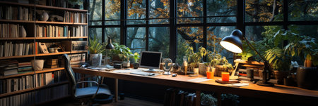 Interior design modern home office, Comfortable workplace, desk with computer monitor, stylish study room, beautiful home studio, AI Generativeの素材