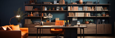Interior design modern home office, Comfortable workplace, desk with computer monitor, stylish study room, beautiful home studio, AI Generativeの素材