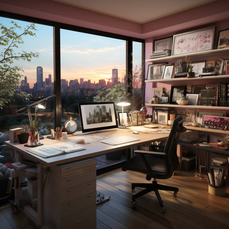 Interior design modern home office, Comfortable workplace, desk with computer monitor, stylish study room, beautiful home studio, AI Generativeの素材