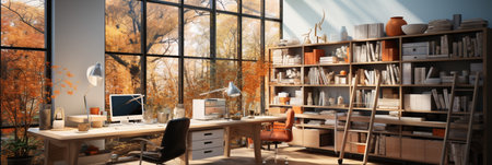Interior design modern home office, Comfortable workplace, desk with computer monitor, stylish study room, beautiful home studio, AI Generativeの素材