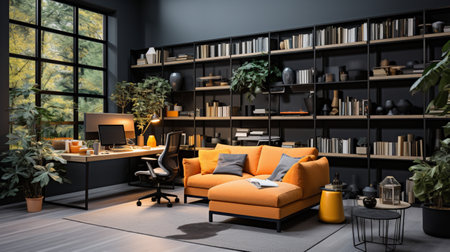 Interior design modern home office, Comfortable workplace, desk with computer monitor, stylish study room, beautiful home studio, AI Generativeの素材