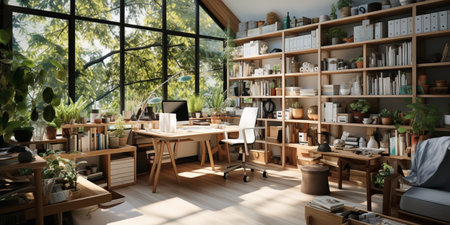 Interior design modern home office, Comfortable workplace, desk with computer monitor, stylish study room, beautiful home studio, AI Generativeの素材
