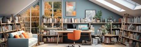 Interior design modern home office, Comfortable workplace, desk with computer monitor, stylish study room, beautiful home studio, AI Generativeの素材