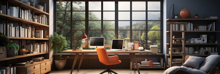 Interior design modern home office, Comfortable workplace, desk with computer monitor, stylish study room, beautiful home studio, AI Generativeの素材
