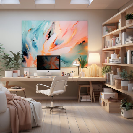 Interior design modern home office, Comfortable workplace, desk with computer monitor, stylish study room, beautiful home studio, AI Generativeの素材