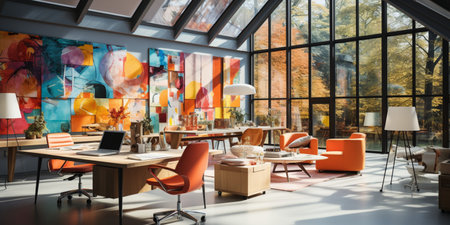 Interior design Modern Creative office foyer, Corporate open workspace, Coworking office room, AI Generativeの素材