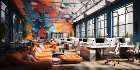 Interior design Modern Creative office foyer, Corporate open workspace, Coworking office room, AI Generativeの素材