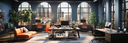 Interior design Modern Creative office foyer, Corporate open workspace, Coworking office room, AI Generativeの素材