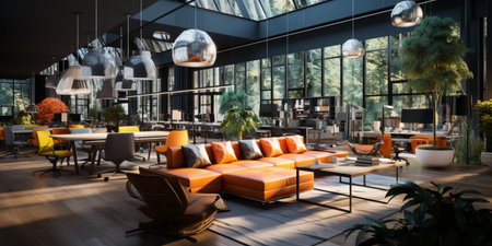 Interior design Modern Creative office foyer, Corporate open workspace, Coworking office room, AI Generativeの素材
