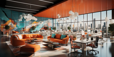 Interior design Modern Creative office foyer, Corporate open workspace, Coworking office room, AI Generativeの素材