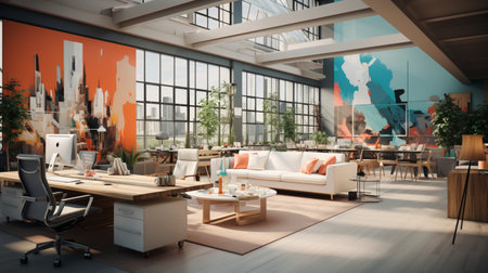 Interior design Modern Creative office foyer, Corporate open workspace, Coworking office room, AI Generativeの素材