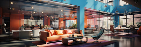 Interior design Modern Creative office foyer, Corporate open workspace, Coworking office room, AI Generativeの素材