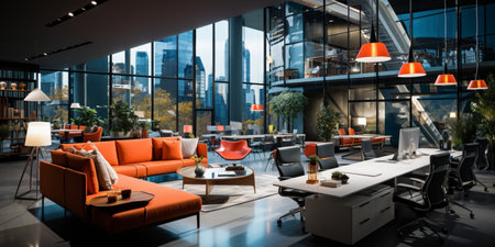 Interior design Modern Creative office foyer, Corporate open workspace, Coworking office room, AI Generativeの素材