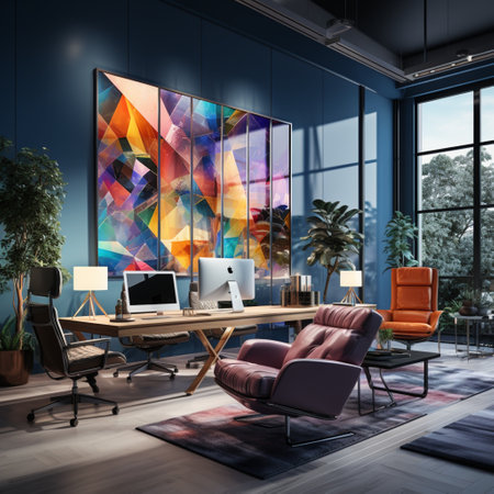Interior design Modern Creative office foyer, Corporate open workspace, Coworking office room, AI Generativeの素材