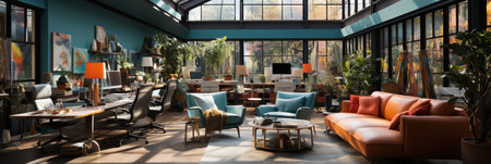 Interior design Modern Creative office foyer, Corporate open workspace, Coworking office room, AI Generativeの素材