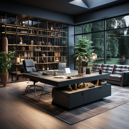 Interior design Modern Creative office foyer, Corporate open workspace, Coworking office room, AI Generativeの素材