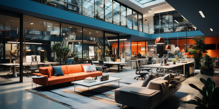 Interior design Modern Creative office foyer, Corporate open workspace, Coworking office room, AI Generativeの素材