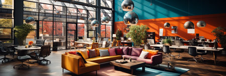 Interior design Modern Creative office foyer, Corporate open workspace, Coworking office room, AI Generativeの素材