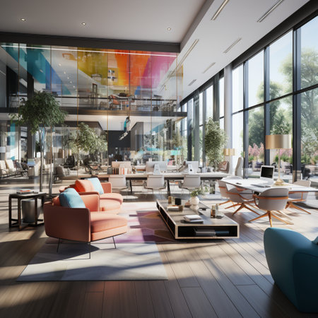 Interior design Modern Creative office foyer, Corporate open workspace, Coworking office room, AI Generativeの素材